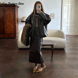 Pu Leather Jacket Skirt Sets Stand Collar Loose Coat Low Waist Solid Long Skirt Autumn Coats Skirt Sets 2025 New Lady Outfits