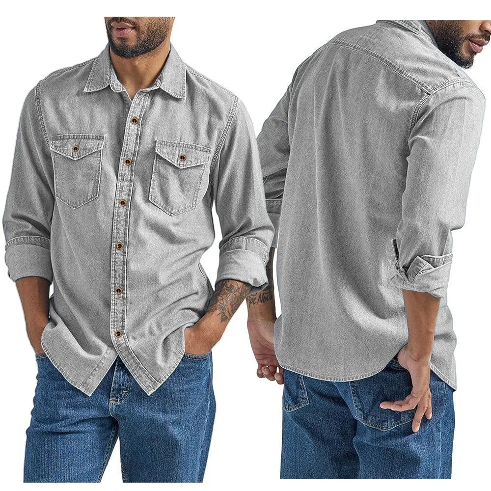 Men's Denim Shirt Slim Fit Light Blue Long Sleeve Casual Top with Two Chest Pockets Button Front Copper Buttons Washed Gray