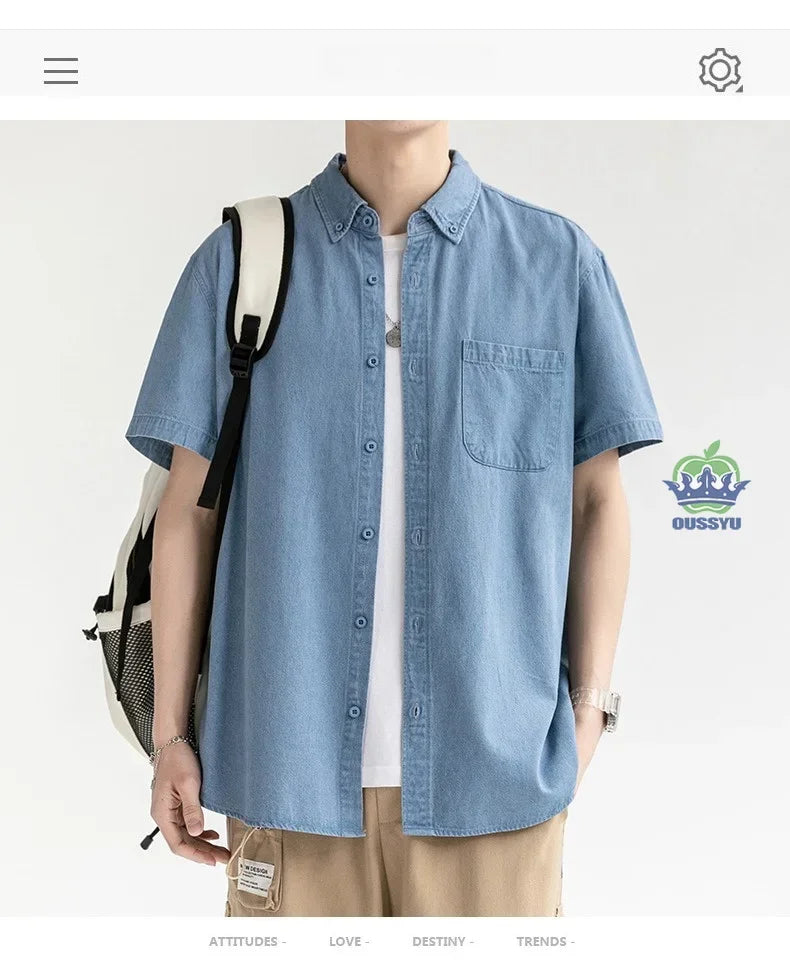 Men's Denim Shirt Long Sleeve Casual Outerwear Youth 2026 Fashion Streetwear Light Blue Button Up Top with Pockets Jeans Shirt