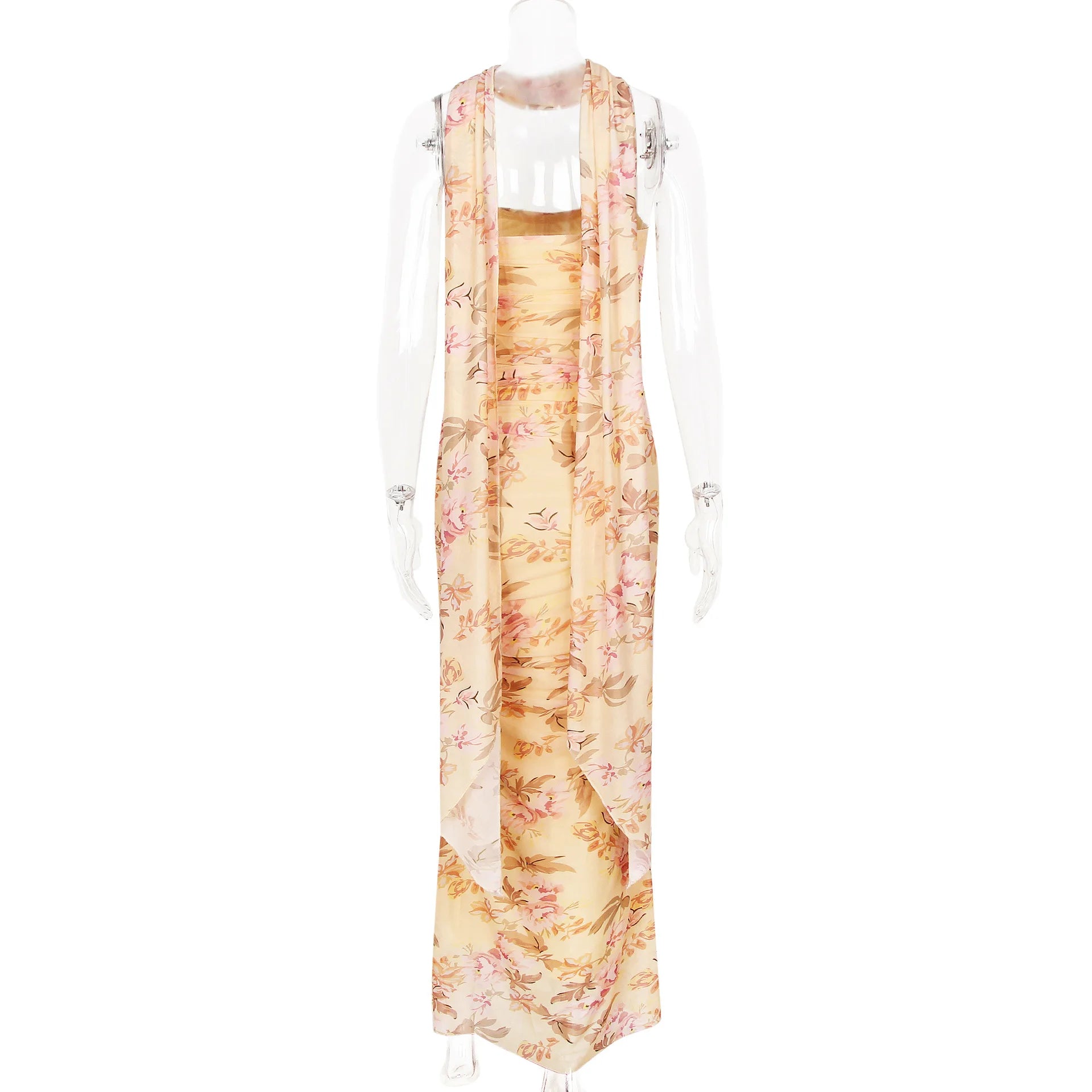 Suninheart Elegant 2 Pieces Dress Set with Scarf Women Fashion Matching Sets Sexy Cropped Top and Long Dress Set Casual Dress