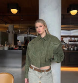 Brown Retro Suede Lapel Zippered Short Jackets Women's Casual Full Sleeves Pocket Loose Coats 2026 Spring Daily Commute Outwear