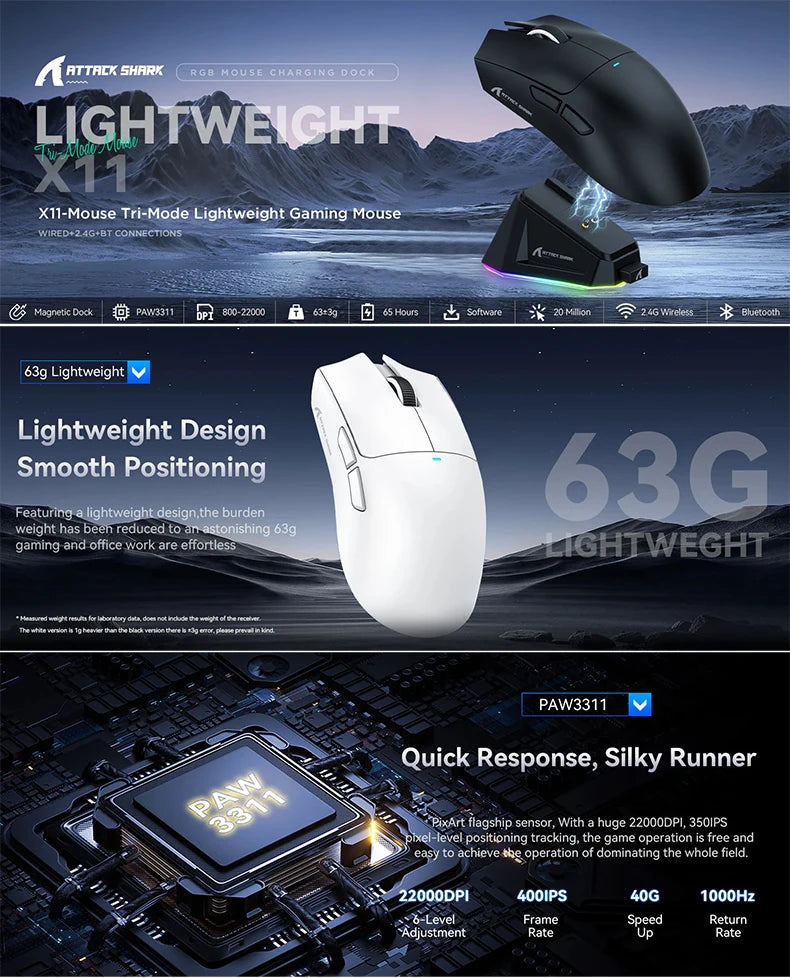 Ultra Light ATTACK SHARK X11 Tri-mode 2.4G Bluetooth Wired Programmable RGB Ergonomic Gaming Mouse For PC Laptop