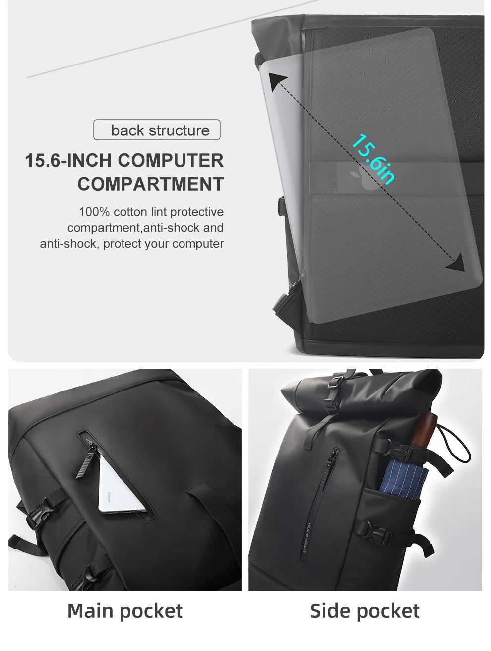 Heroic Knight Men's Backpack Waterproof Roll Top Backpack Women Travel Expandable USB Charging Large Capacity Laptop Bag Mochila