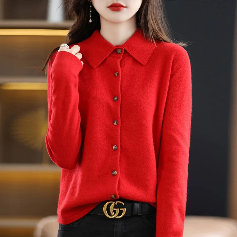 Polo Collar Spun Wool Cardigan – Elegant Single-Breasted Knit Jacket