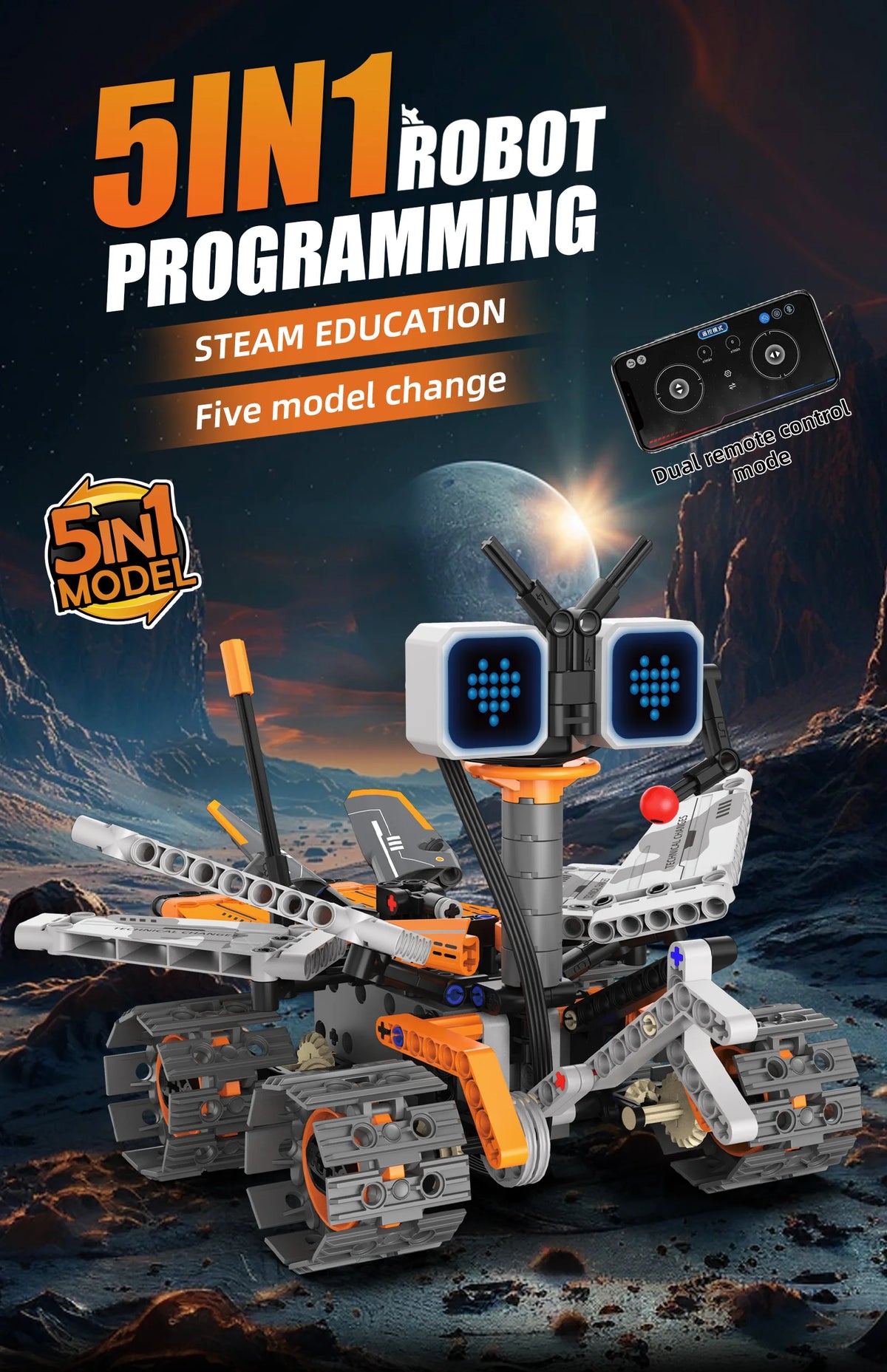 Digital display 5-in-1 transformable robot model assembly, remote control robot building blocks toy, children's toy gift