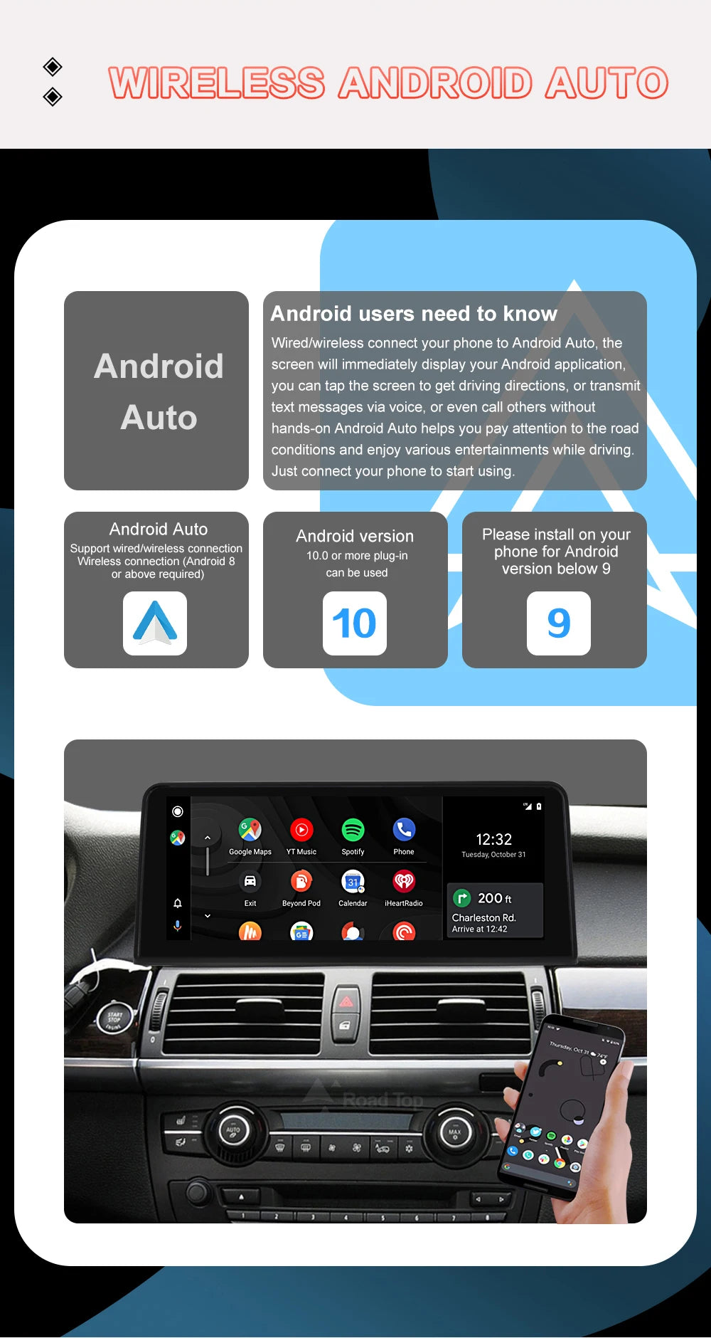 RoadTop 10.25"/12.3" Wireless CarPlay & Android Auto Screen for BMW X5 X6