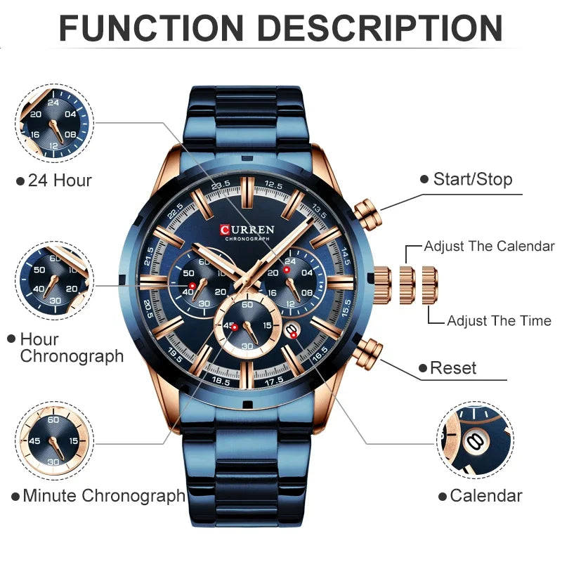Men's six-needle multifunctional watch Waterproof calendar round strap stainless steel strap date men's business men's watch