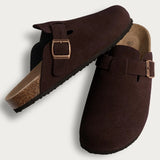 Evshine Men's Suede Clogs Fashion Leather Mules Cozy Footbed Slippers With Adjustable Buckle AntiSlip Cork Slippers Unisex Mules