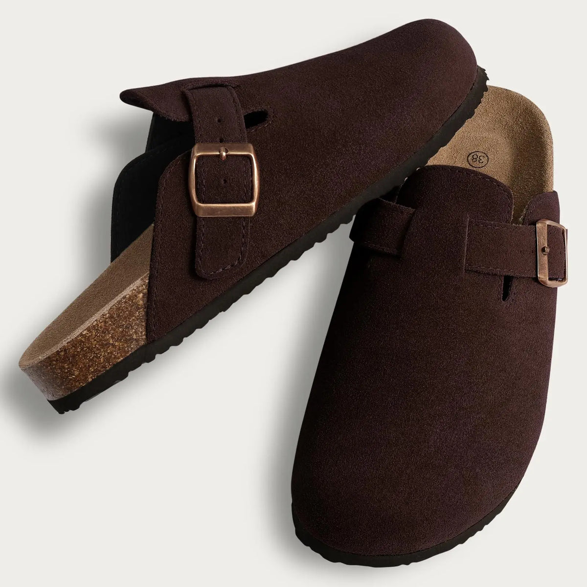 Evshine Men's Suede Clogs Fashion Leather Mules Cozy Footbed Slippers With Adjustable Buckle AntiSlip Cork Slippers Unisex Mules