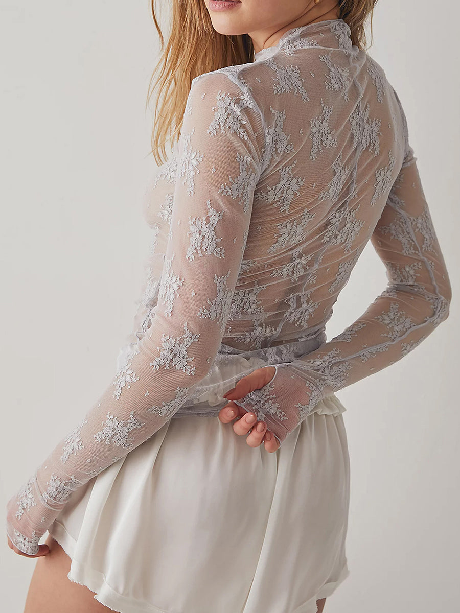 Women's Long Sleeve Mock Neck Lace Top