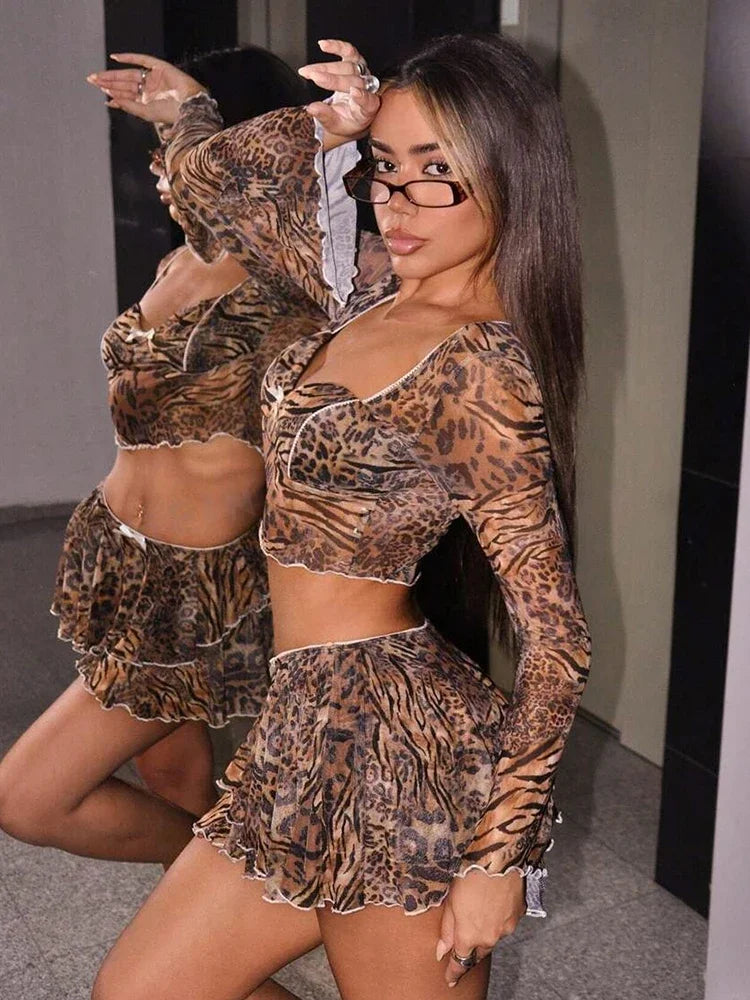 Leopard Print Skinny 2-Piece Set | Mesh Sleeve Crop Top & Ruched Skirt