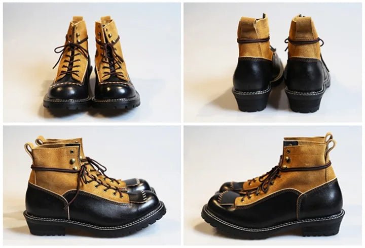 KOWM Hiking shoes men's cowhid boots British leather trekking shoes thick soled ankle sneakers cowhide high top motorcycle boots