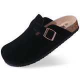 Evshine Men's Suede Clogs Fashion Leather Mules Cozy Footbed Slippers With Adjustable Buckle AntiSlip Cork Slippers Unisex Mules