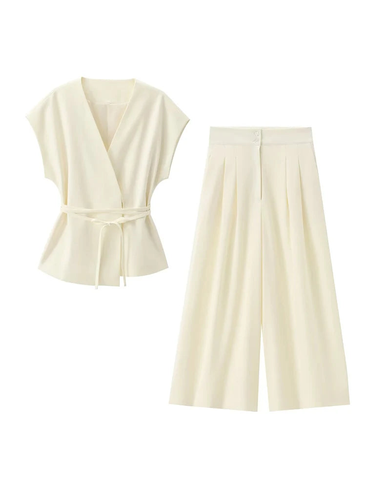 2-Piece Sleeveless V-Neck Trouser Set with Belt – Summer Commuter Wide Leg Suit