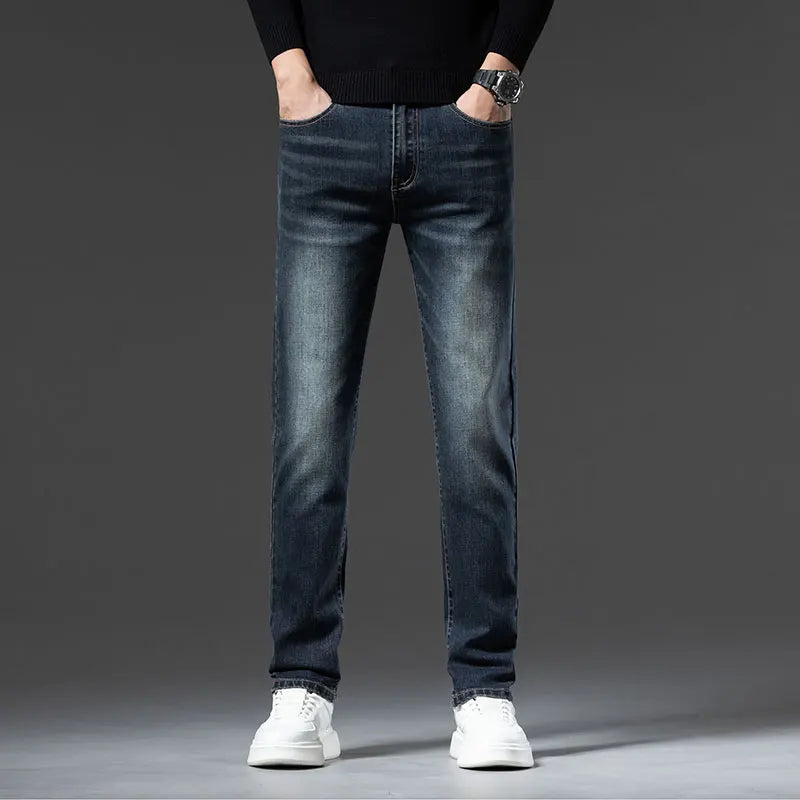High Quality Brown Winter Jeans Men's Thickened Velvet Warm Elastic Straight Denim Pants Fashion Vintage Korean Plush Trousers