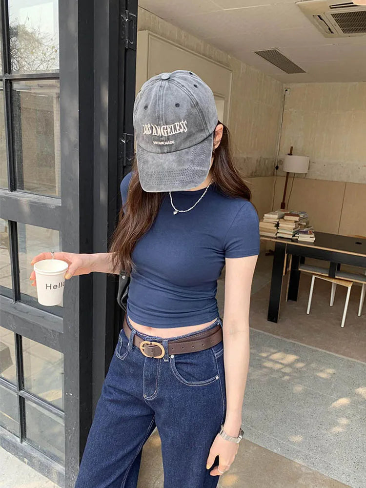 Y2K Vintage Slim Fit Crop Top - Solid Crewneck Short Sleeve Tee
