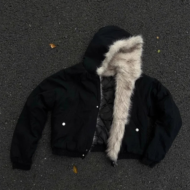 Y2K American Black Retro Wool Collar Thickened Cotton Jacket Men And Women Fashion Punk Vintage Streetwear Loose Casual Jackets