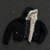 Y2K American Black Retro Wool Collar Thickened Cotton Jacket Men And Women Fashion Punk Vintage Streetwear Loose Casual Jackets
