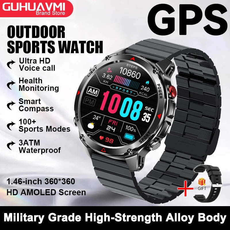 2026 New Military Bluetooth Call Smart Watch Built-in GPS Compass Barometric Altimeter 10ATM Waterproof Sports Smartwatches Men