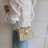 Rattan Straw Shoulder Bag Women Boho Hand-Woven Basket Messenger Pouch Summer Beach Square Box Top-handle Handbag