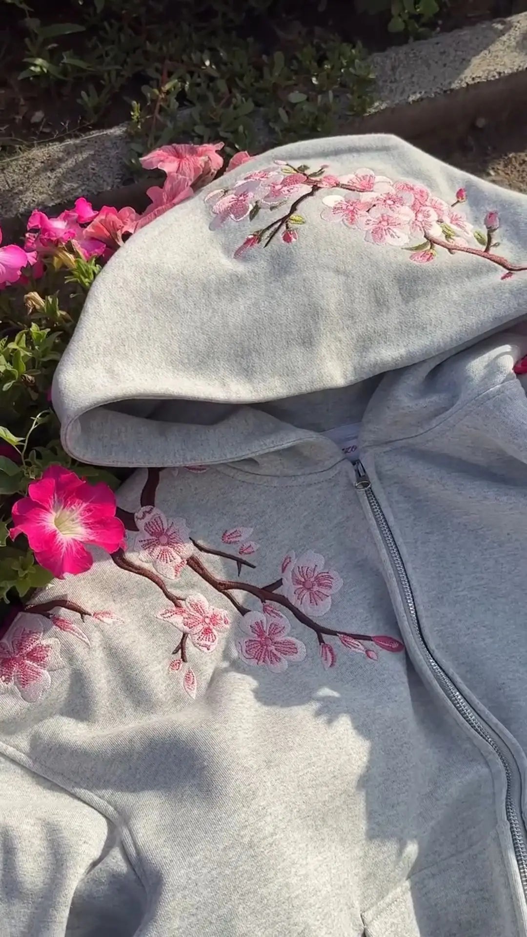Cherry Blossom Embroidered Zip-Up Hoodie