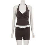 Trendix Bodycon Tank Tops 2 Piece Sets Women Summer Slim Solid Sports Yoga Shorts Ladies Street Sexy Deep V Neck Crop Top Suits