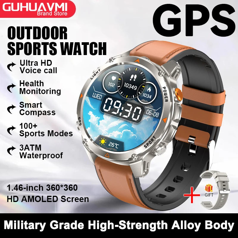 2026 New Military Bluetooth Call Smart Watch Built-in GPS Compass Barometric Altimeter 10ATM Waterproof Sports Smartwatches Men