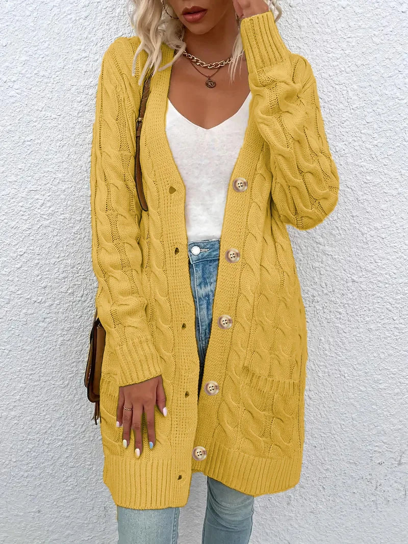 Women's Long Twisted-Knit Button-Front Cardigan Sweater
