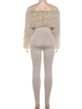 Women's Furry Patchwork Slash Neck Streetwear Jumpsuit