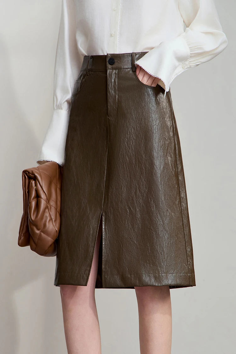 AMII Minimalist PU Leather Skirt for Women