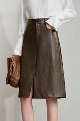 AMII Minimalist PU Leather Skirt for Women