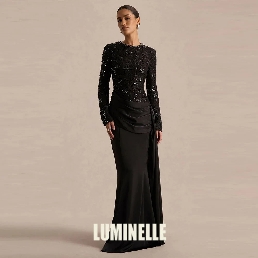 Satin Lace Sequin Evening Gown – Floor-Length Formal Dress