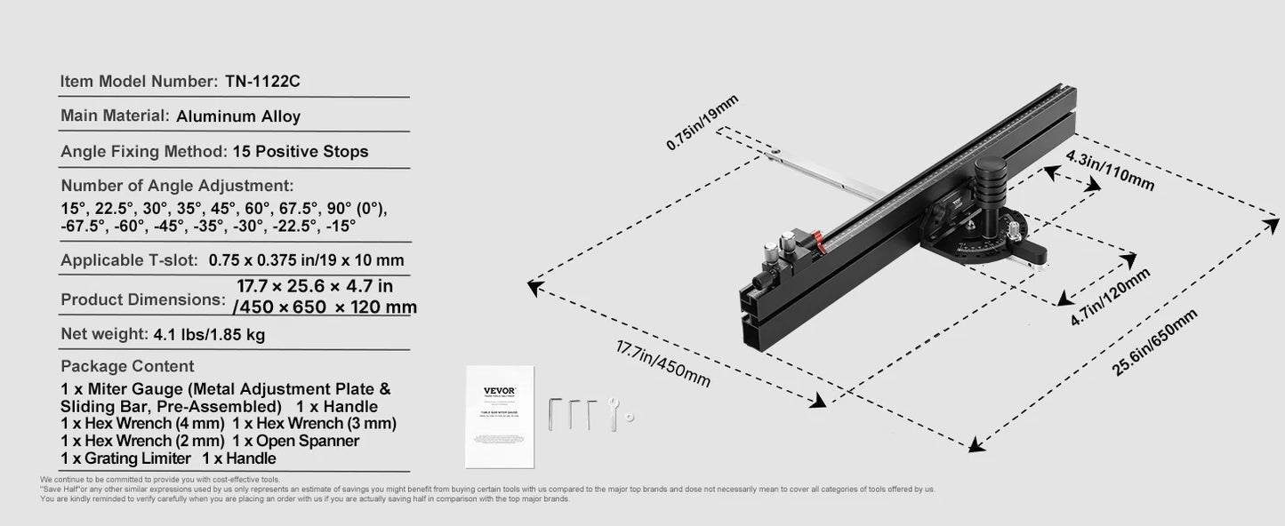 SucceBuy Precision Miter Gauge Standard Slot 3/4'' x 3/8'' Aluminum Alloy Table Saw 24/18/19-35 in Grating 15 Angle Stops DIY