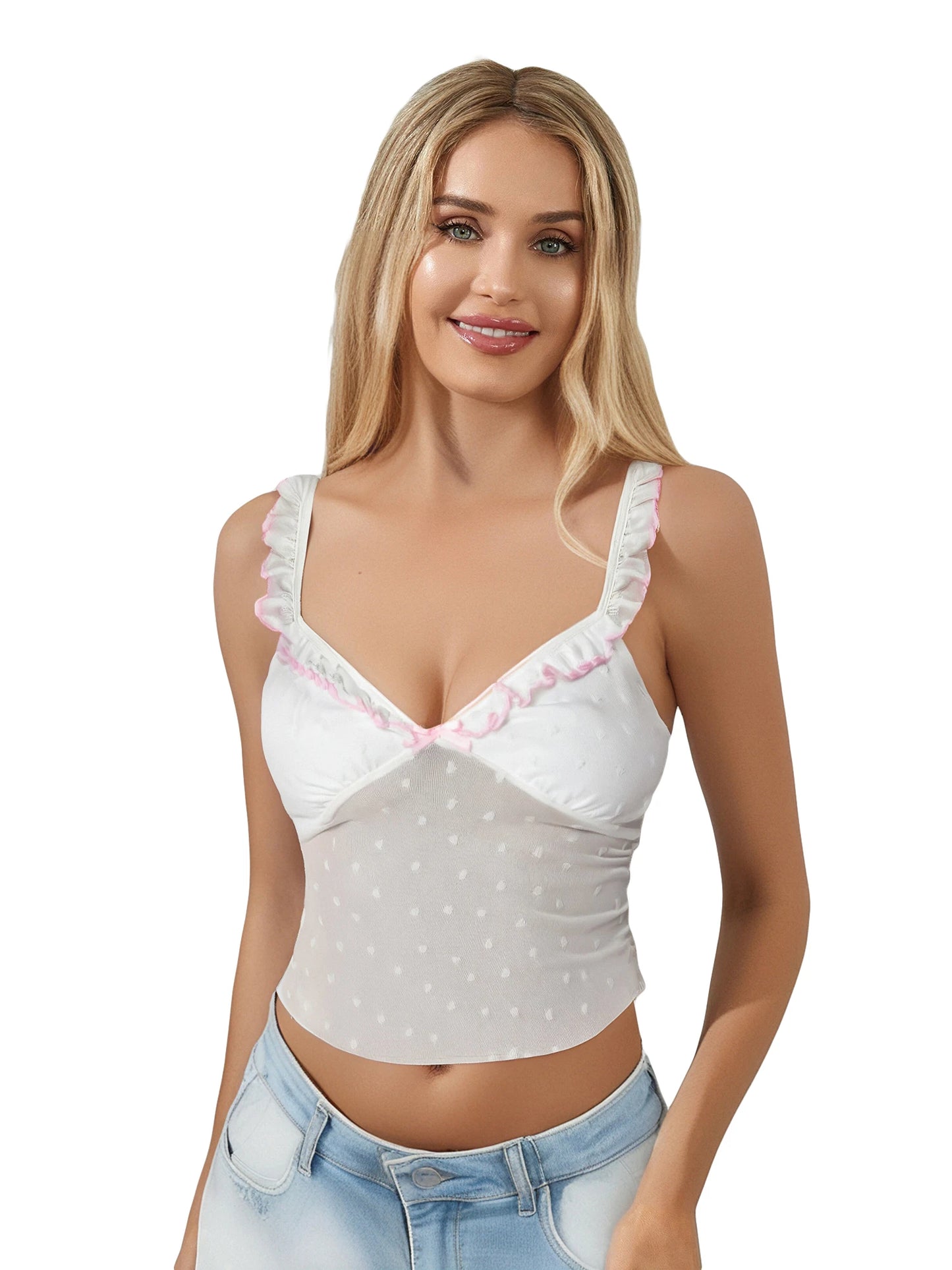 Heart-Neckline Ruffle Mesh Camisole