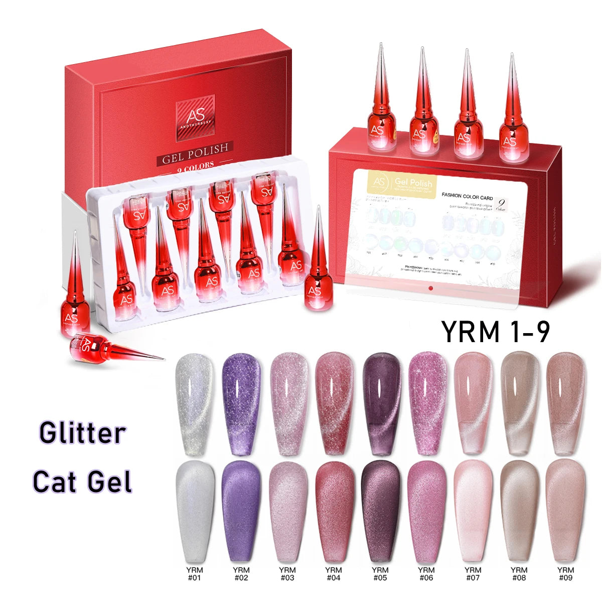 AS 9 Colors Magnetic Cat Eye Gel Nail Polish Set Jelly Pink UV LED Soak Off Gel Varnish Crystal Red Cat Gel Lacquer With Display