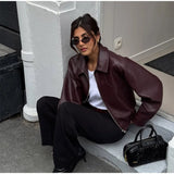 Women's Wine Red Pu Leather Short Jacket Fashion Autumn Lapel Collar Zipper High Street Loose Overcoats Ladies Button Outerwears