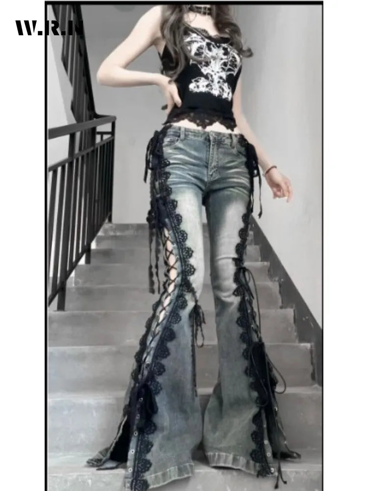 Retro Eyelet Lace-Up Flare Jeans