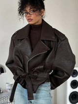 Women's Dark Red Zipper Leather Short Jackets Chic Long Sleeve Lace Up Lapel Loose Button Coat Lady Daily High Street Wear 2025
