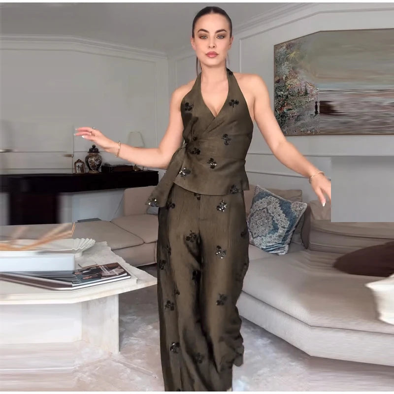 Sequins Women's Pant Sets Sexy Halter Neck Wrap Top Wide Leg Pants Two Piece Set Female 2026 Summer Woman New Vacation Outfit
