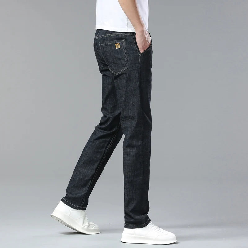 Light Blue Classic Business Casual Cotton Pants Fashion Breathable Denim Elastic Trousers Brand Men's Clothing Straight Jeans