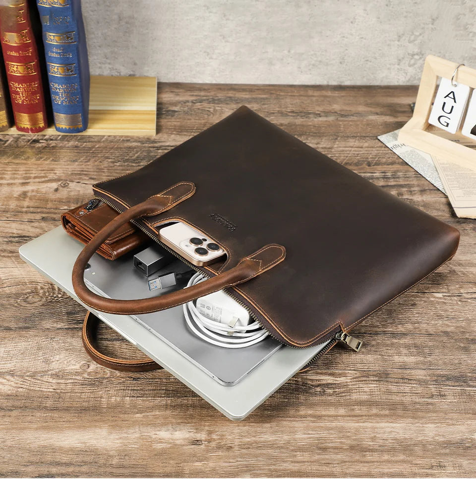 CONTACT'S Genuine Leather Men Business Bag Leather Briefcase Tote Laptop Bags High Quality Men's Bag Handbag for 14.2" Macbook