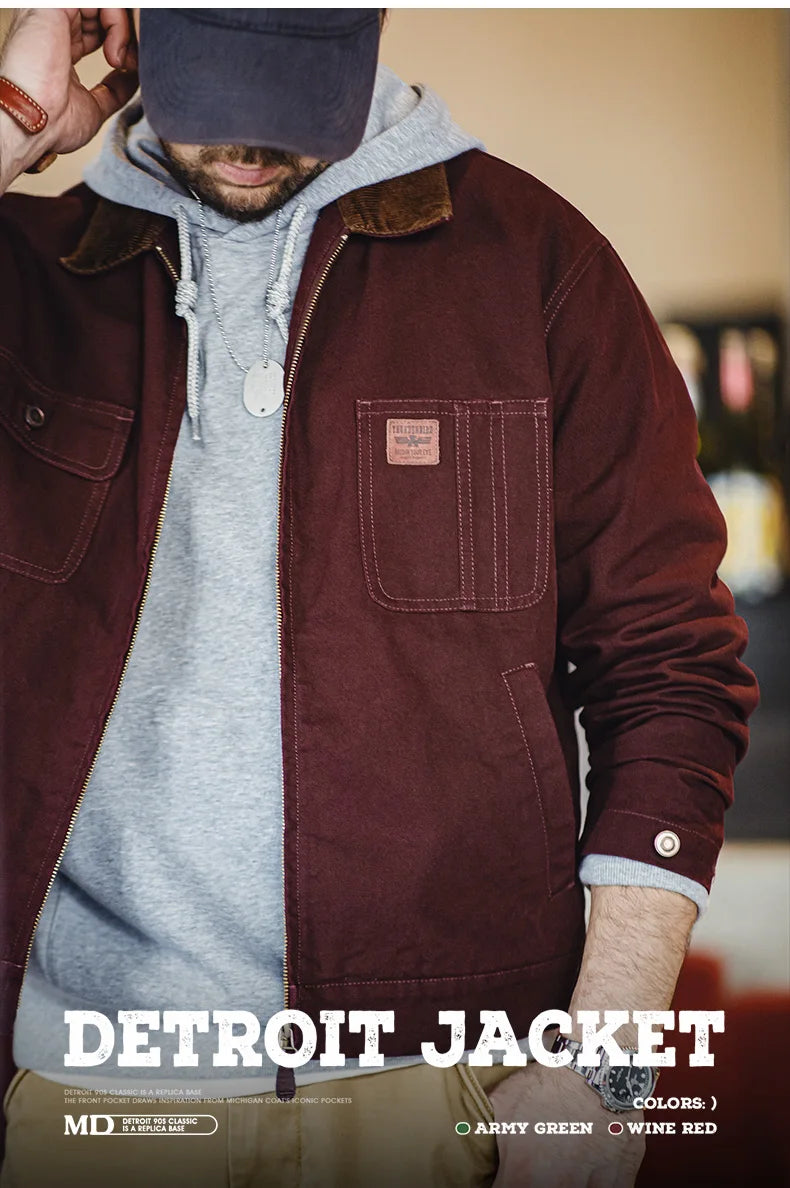 Maden Retro Heavyweight Canvas Detroit Jacket Corduroy Collar Hunting Short Zip-Up Jacket with Pockets Men's Autumn Outerwear
