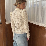2026 Summer Lace Printed Shirts Tops Female Hollow Out Fashion Commute Vintage See-Through Blouse Women's Lace Shrug Shirts New