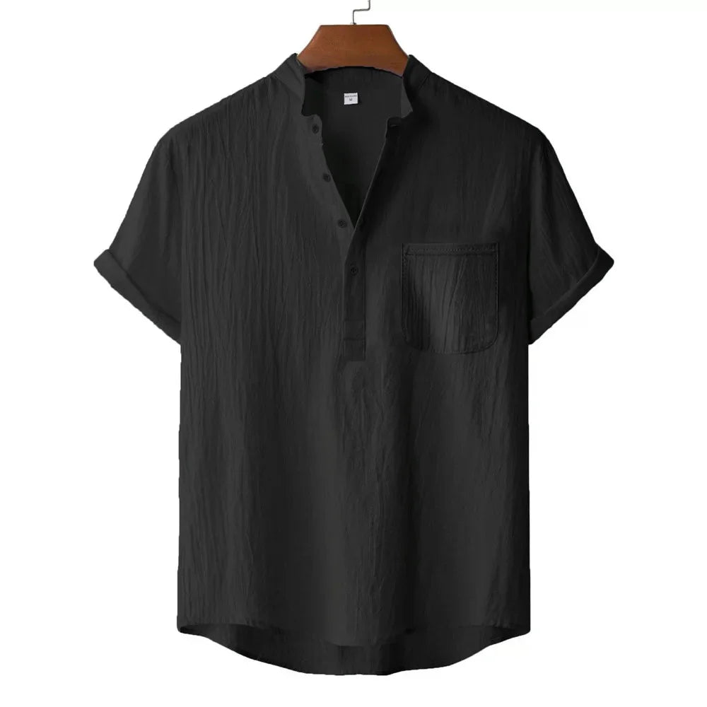 Men's Summer Cotton Linen T-shirt Beach Style Short SLeeve Henley Neck Vacation Hawaii Casual Lightweight Breathable Cozy Tops