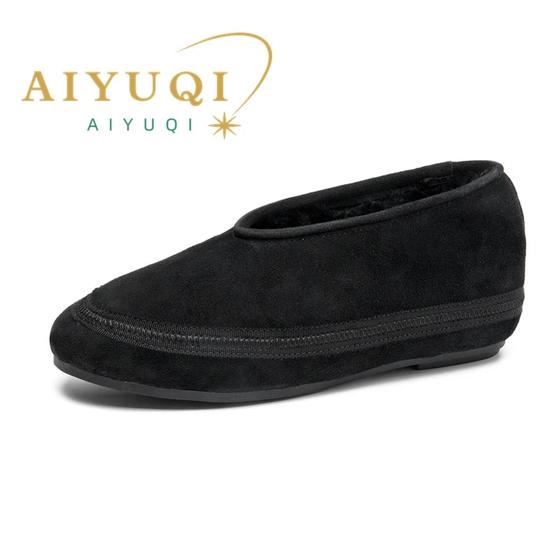 AIYUQI Women's Fur-Lined Leather Ballet Flats – Winter Comfort