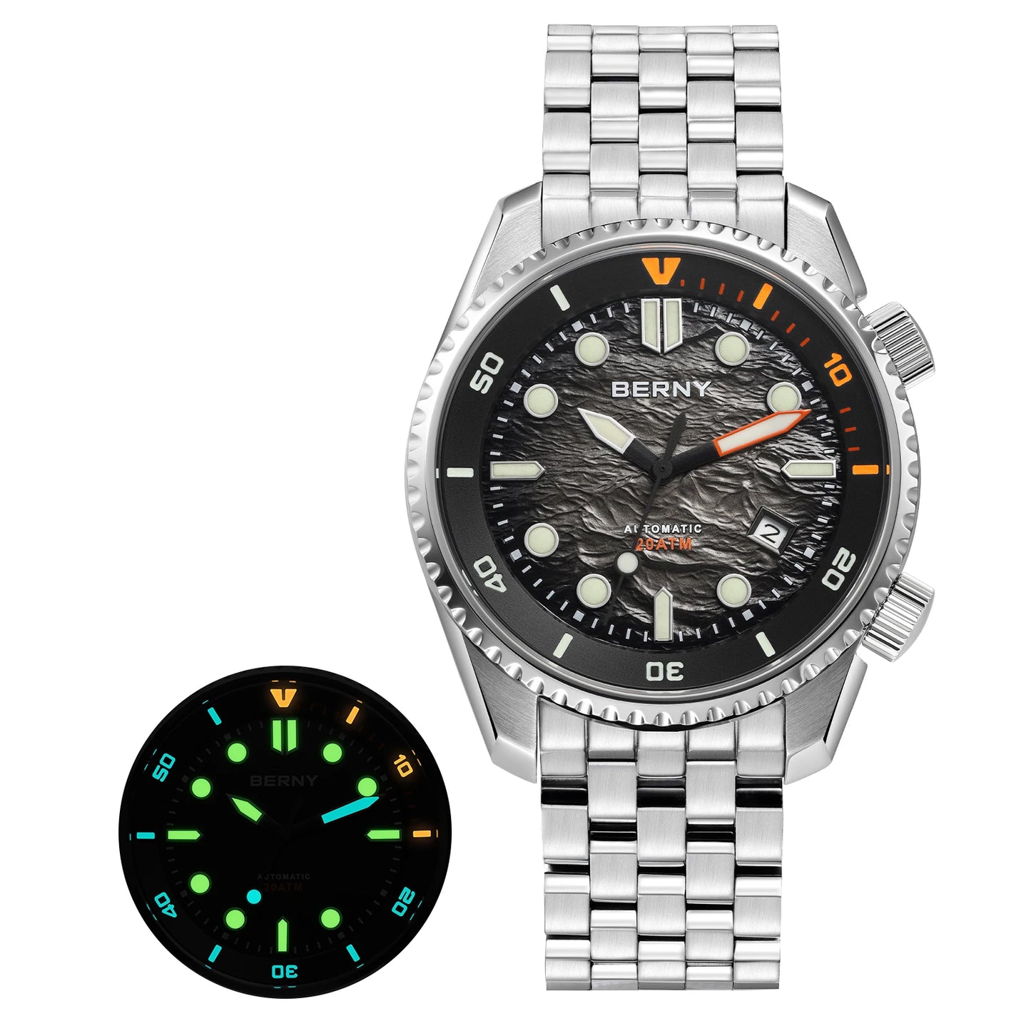 BERNY Automatic Diver Watch for Men Top Luxury Sapphire 316L Steel New Wave Dial 200M Waterproof Mechanical Diving Men's Watches