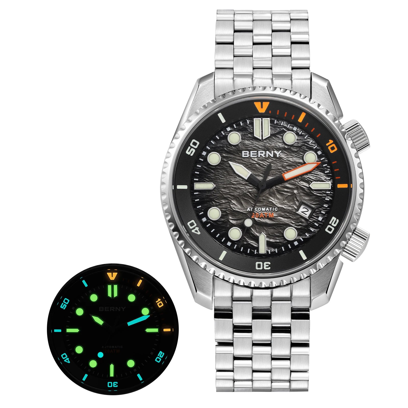 BERNY Automatic Diver Watch for Men Top Luxury Sapphire 316L Steel New Wave Dial 200M Waterproof Mechanical Diving Men's Watches