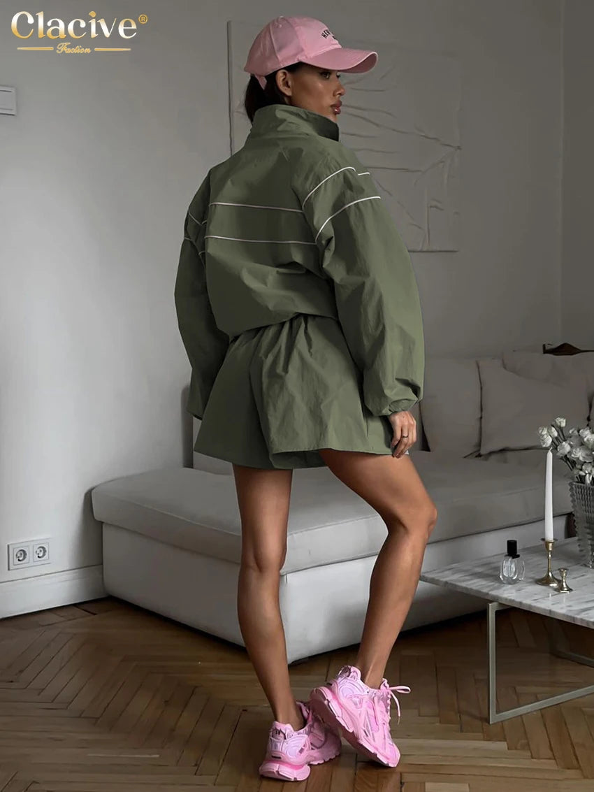 Clacive Fashion Loose Gray 2 Piece Sets Women Outfit 2024 Elegant Long Sleeve Shirt With High Waist Shorts Set Female Streetwear