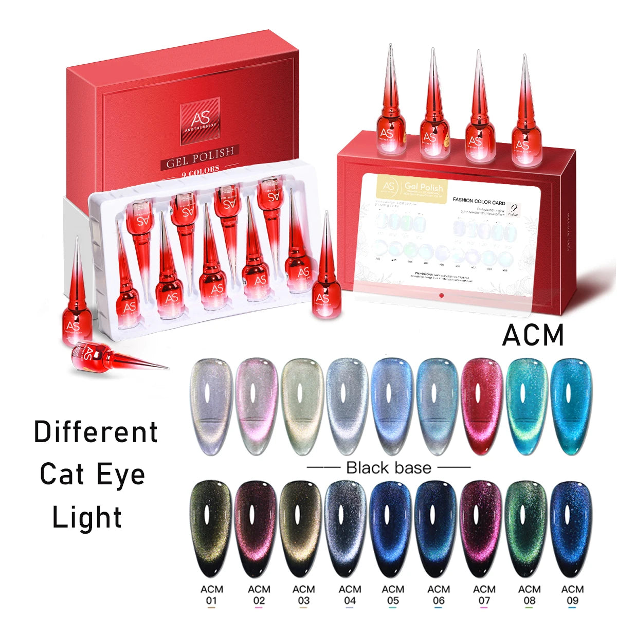 AS 9 Colors Magnetic Cat Eye Gel Nail Polish Set Jelly Pink UV LED Soak Off Gel Varnish Crystal Red Cat Gel Lacquer With Display
