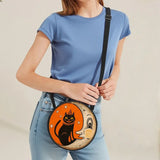 Women Orange White Cat Moon Round Crossbody Bag, Soft Light Zipper Shoulder Bag, Trendy Handbag for Work Shopping Travel